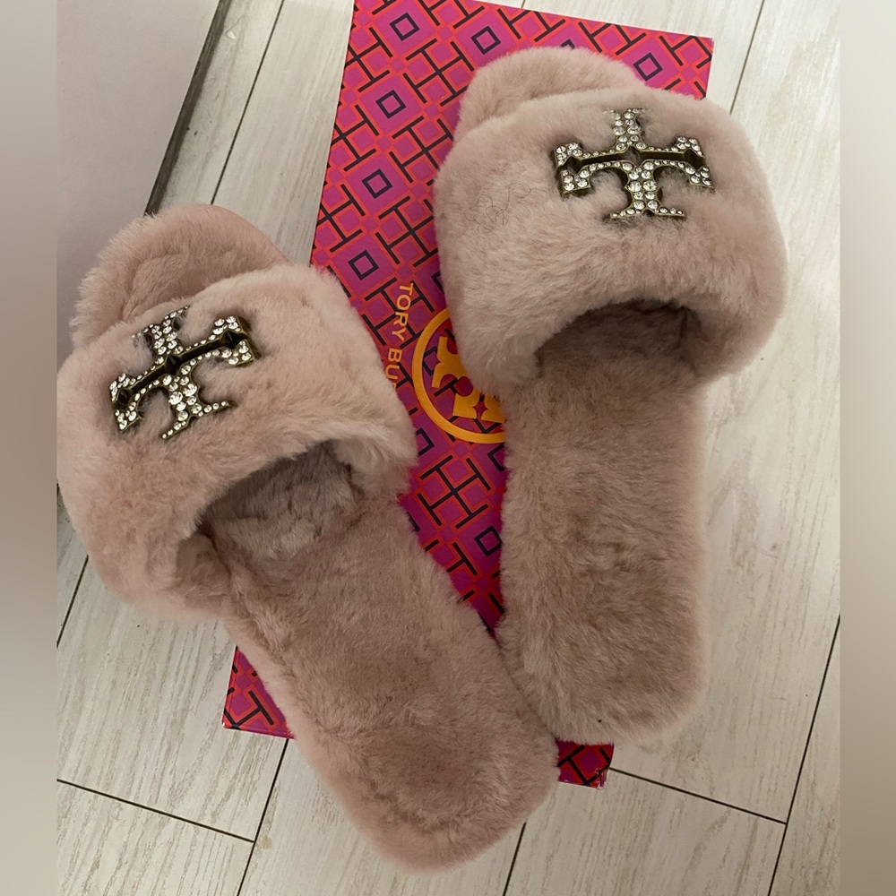 Tory Burch Embellished Shearling Slides